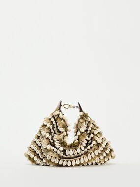 Zara Olive and Cream Shell-Embellished Hobo Bag